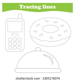 worksheet. Practicing motor skills,  Tracing dashed lines, vector.