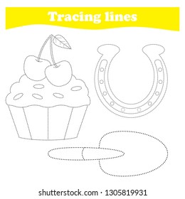 worksheet. Practicing motor skills,  Tracing dashed lines, vector.