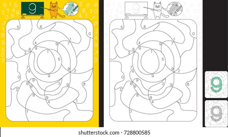 Worksheet For Practicing Number Recognition And Fine Motor Skills - Color Only Fields With Number Nine