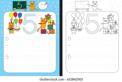 Worksheet for practicing number writing - tracing number 5