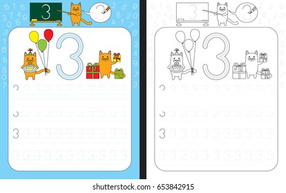 Worksheet for practicing number writing - tracing number 3
