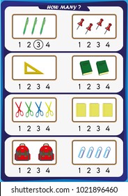 worksheet for preschool children, Count the number of objects, Learn the numbers 1, 2, 3 4