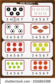 worksheet for preschool children, Count the number of objects, Learn the numbers 1, 2, 3 4 5 6 7