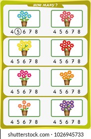 worksheet for preschool children, Count the number of objects, Learn the numbers 1, 2, 3 4 5 6 7 8