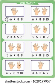 hoja de cálculo para niños en edad preescolar, Cuenta el número de objetos, Aprenda los números 1, 2, 3 4 5 6 7 8 9 10