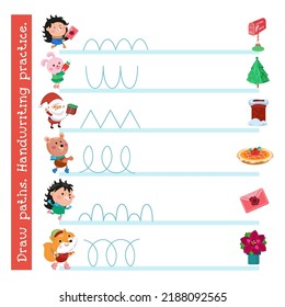 Worksheet for preschool. Education game. Writing practice. Christmas and cartoon animals. Vector illustration.