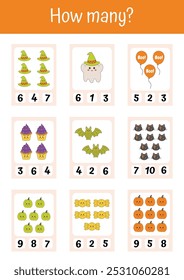 Worksheet for preschool kids. Halloween educational activities. Preschool math. Learning counting for kids, elementary math educational games. Halloween teacher resources. Preschool homeschool.