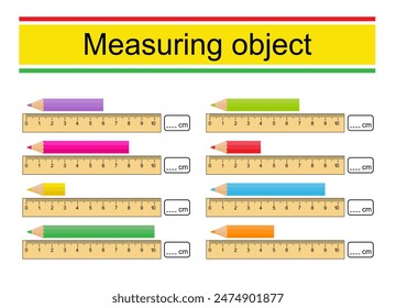 Worksheet for preschool kids. Measuring the length of pencils with a ruler. 