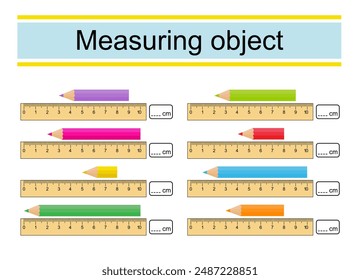 Worksheet for preschool kids. Measuring the length of pencils with a ruler. Vector illustration. 