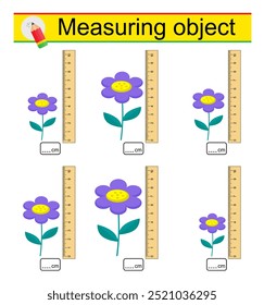 Worksheet for preschool kids. Measuring the length of cute flowers with a ruler. 