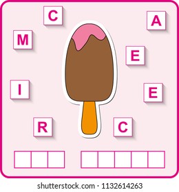 worksheet for preschool kids/ Words puzzle educational game for children. Place the letters in right order.