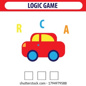 Worksheet for preschool kids. Words puzzle educational game for children. Place the letters in right order. Cute illustration of logic puzzle game for study English.Find the correct places.Vector Eps8