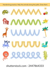 Worksheet for preschoolers. Activity for kids. Writing practice. Cartoon cute animals in jungle. Vector illustration.