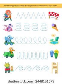 Worksheet for preschoolers. Activity for kids. Writing practice. Cartoon cute animals in cars. Vector illustration.