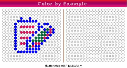 Worksheet. Puzzle task, game for preschool kids. Color by example. Coloring book. Vector illustration. Paint the circles. - Vektör