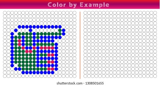 Worksheet. Puzzle task, game for preschool kids. Color by example. Coloring book. Vector illustration. Paint the circles. - Vektör