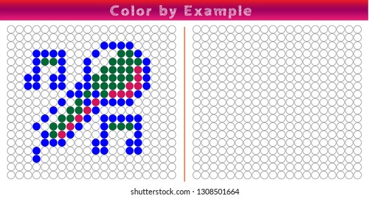 Worksheet. Puzzle task, game for preschool kids. Color by example. Coloring book. Vector illustration. Paint the circles. - Vektör