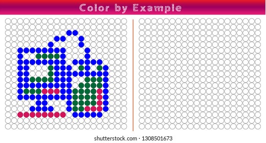 Worksheet. Puzzle task, game for preschool kids. Color by example. Coloring book. Vector illustration. Paint the circles. - Vektör