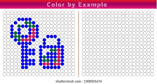 Worksheet. Puzzle task, game for preschool kids. Color by example. Coloring book. Vector illustration. Paint the circles. - Vektör