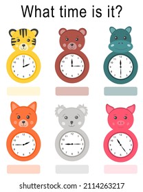 Worksheet for school kids to identify the time. Tell time set with clock funny animals for kids. Worksheet for school kids. Useful games for preschool and kindergarten.