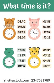 Hoja de trabajo para que los escolares identifiquen la hora. Diga el tiempo con animales graciosos del reloj. Hoja de trabajo para escolares. Juegos útiles para preescolar y kindergarten para el desarrollo del pensamiento lógico.