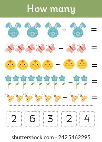 Worksheet for school kids. Math game with Easter elements for children, easy level, education game. Worksheet for school kids. Useful games for preschool, kindergarten, development logical thinking.