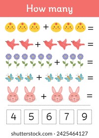 Worksheet for school kids. Math game with Easter elements for children, easy level, education game. Worksheet for school kids. Useful games for preschool, kindergarten, development logical thinking.