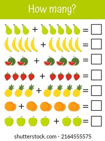 Hoja de trabajo para escolares. Juego de matemáticas con frutas para niños, nivel fácil, juego de educación. Hoja de trabajo para escolares. Juegos útiles para el preescolar y kindergarten para el desarrollo del pensamiento lógico.