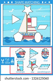 Worksheet with shape matching game. Find the correct shapes part image a sea ship. Children funny riddle entertainment. Activity page with game for baby. Vector illustration.