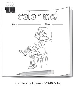 A worksheet showing a girl fixing her shoes on a white background