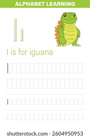 A worksheet showing how to draw the letter I with an iguana cartoon to represent the letter in a learning context. Cute and educational.