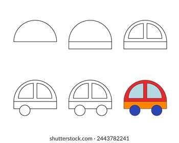 Hoja de cálculo Sencillo tutorial de dibujo paso a paso para niños. Coche de dibujos animados.