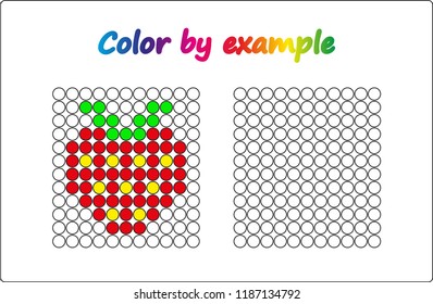 Worksheet.  Strawberry - puzzle task, game for preschool  kids. Color by example. Coloring book. Vector illustration. Paint the circles.