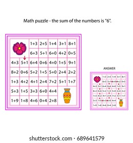 worksheet. The task -  go through those cells of the labyrinth, the sum of the numbers in which is 6. Mathematical puzzle game. Learning mathematics, tasks for addition  for children.
