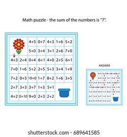 worksheet. The task -  go through those cells of the labyrinth, the sum of the numbers in which is 7. Mathematical puzzle game. Learning mathematics, tasks for addition  for children.
