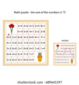 worksheet. The task -  go through those cells of the labyrinth, the sum of the numbers in which is 5. Mathematical puzzle game. Learning mathematics, tasks for addition  for children.
