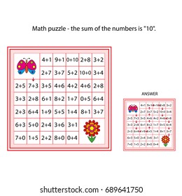 worksheet. The task -  go through those cells of the labyrinth, the sum of the numbers in which is 10. Mathematical puzzle game. Learning mathematics, tasks for addition  for children.
