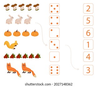 Worksheet for teaching mathematics and numeracy on the topic of autumn. For preschool children and kindergarten children who study numbers and counting. Vector illustration