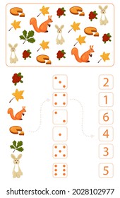 Worksheet for teaching mathematics and numeracy on the topic of autumn. For preschool children and kindergarten children who study numbers and counting. Vector illustration