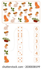 Worksheet for teaching mathematics and numeracy on the topic of autumn. For preschool children and kindergarten children who study numbers and counting. Vector illustration