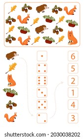 Hoja de trabajo para la enseñanza de matemáticas y aritmética sobre el tema del otoño. Para los niños de preescolar y preescolar que estudian números y cuentan. Ilustración del vector