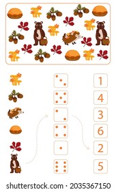 Worksheet for teaching mathematics and numeracy on the topic of autumn. For preschool children and kindergarten children who study numbers and counting. Vector illustration
