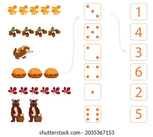 Worksheet for teaching mathematics and numeracy on the topic of autumn. For preschool children and kindergarten children who study numbers and counting. Vector illustration