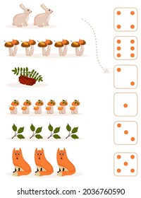 Worksheet for teaching mathematics and numeracy on the topic of autumn. For preschool children and kindergarten children who study numbers and counting. Vector illustration