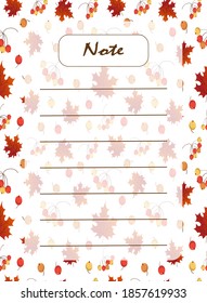 Worksheet template for planning, writing notes. Autumn pattern with leaves. Vector illustration. For notebooks, sketchbooks, scrapbooking and memo notes, planners and diaries.