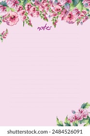Worksheet template for planning, writing notes with floral illustration.  For notebooks, sketchbooks, scrapbooking and memo notes, planners and diaries.