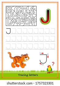 Worksheet for tracing letters. Find and paint all letters J. Kids activity sheet. Educational page for children coloring book. Developing skills for writing and tracing ABC. Online education.