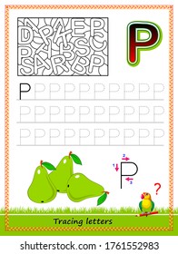 Worksheet for tracing letters. Find and paint all letters P. Kids activity sheet. Educational page for children coloring book. Developing skills for writing and tracing ABC. Online education.