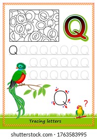 Worksheet for tracing letters. Find and paint all letters Q. Kids activity sheet. Educational page for children coloring book. Developing skills for writing and tracing ABC. Online education.