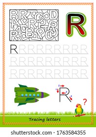 Worksheet for tracing letters. Find and paint all letters R. Kids activity sheet. Educational page for children coloring book. Developing skills for writing and tracing ABC. Online education.
